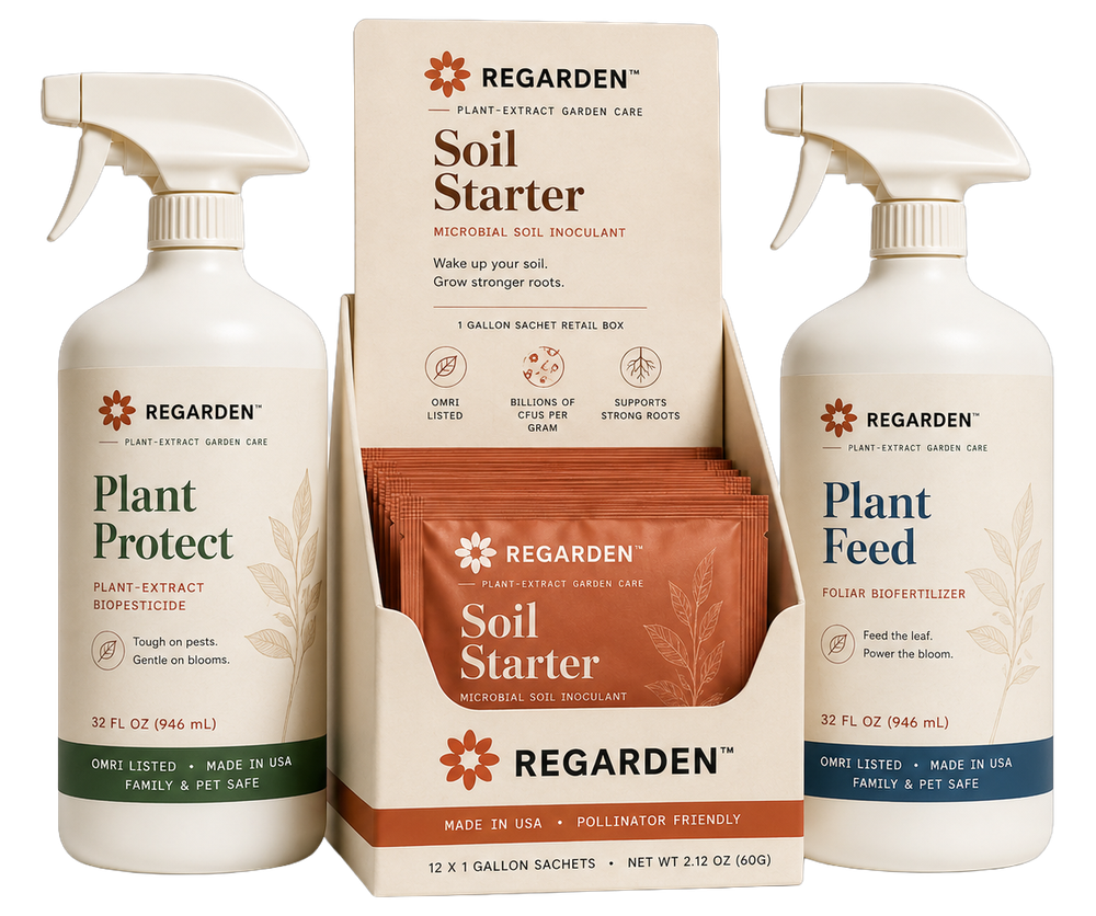 Regarden Plant Protect, Soil Starter, and Plant Feed plant-extract garden care product lineup