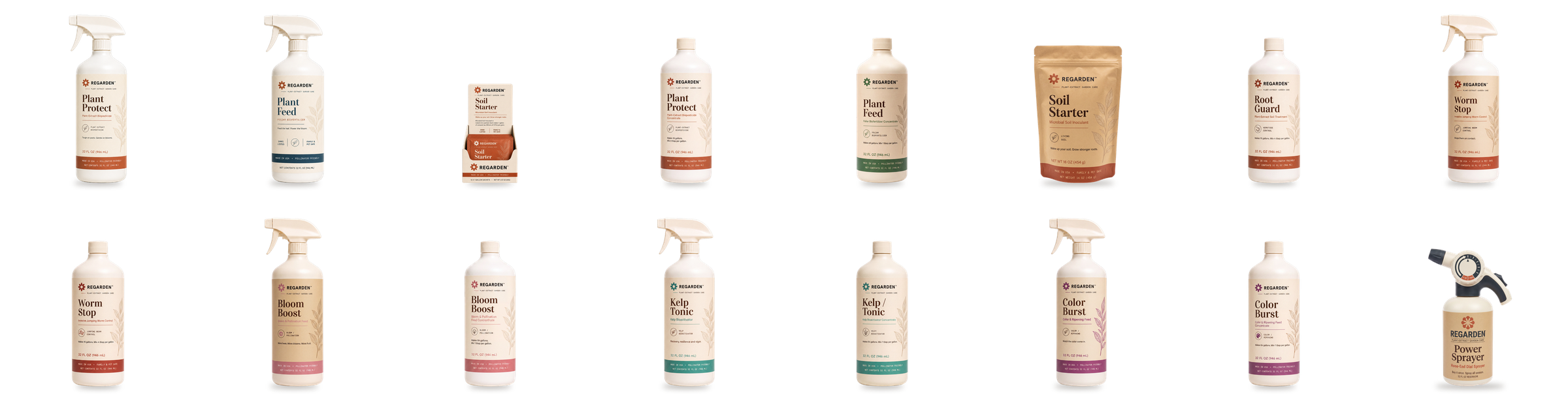 The Regarden range — Plant Protect, Plant Feed, Kelp Tonic, Bloom Boost, Color Burst and Worm Stop